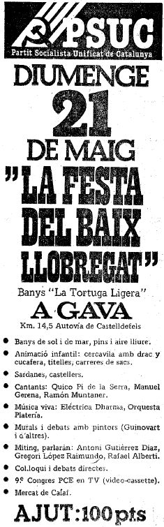 Anunci publicat al diari LA VANGUARDIA sobre la 'Festa del Baix Llobregat' organitzada pel PSUC als banys 'La Tortuga Ligera' de Gav� Mar (18 de Maig de 1978)